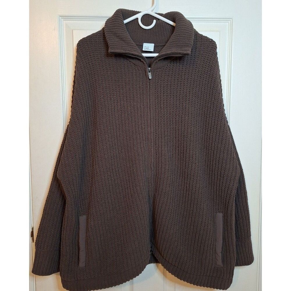 FLX Brown Chenille Knitted Full Zip Sweater Cinch Hem Soft Minimalist Size XL